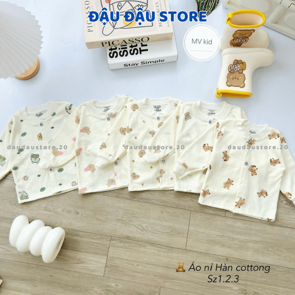 Set 5 Áo Dài Tay Thu Đông Sơ Sinh Nỉ Cotton Cúc Giữa  Nền Kem Mềm Mịn cho bé sơ sinh 0 - 9 tháng AC00 Đậu Đậu Store