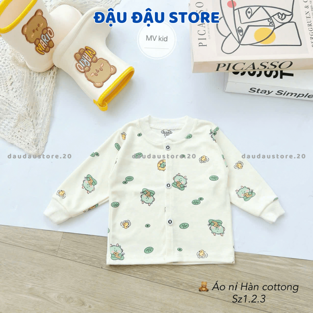 Set 5 Áo Dài Tay Thu Đông Sơ Sinh Nỉ Cotton Cúc Giữa  Nền Kem Mềm Mịn cho bé sơ sinh 0 - 9 tháng AC00 Đậu Đậu Store