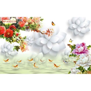 Tranh dán tường hoa mẫu đơn, tranh 3D in trên chất liệu vải lụa (shop tặng kèm keo dán)