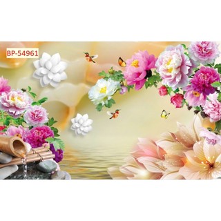 Tranh dán tường hoa mẫu đơn, tranh 3D in trên chất liệu vải lụa (shop tặng kèm keo dán)