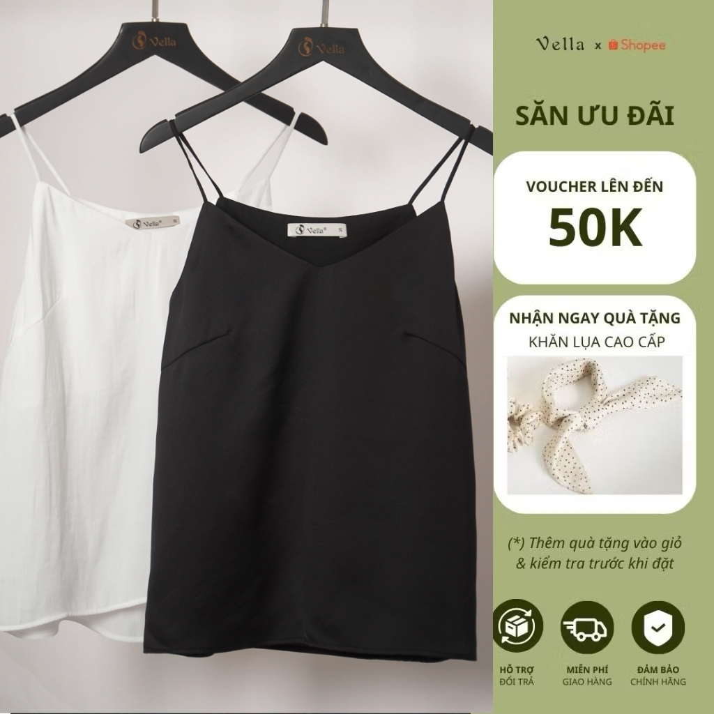Áo 2 dây nữ công sở trơn màu đen, trắng dáng suông mặc trong blazer – Vella Fashion VA25131