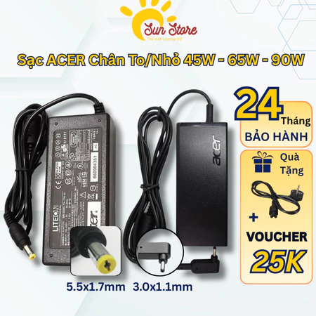 Sạc Laptop Acer 45W/65W/90W - Sạc Acer Chân To, Chân Nhỏ, Sạc Máy Tính Nhanh, An Toàn BẢO HÀNH 12 THÁNG - LỖI 1 ĐỔI 1