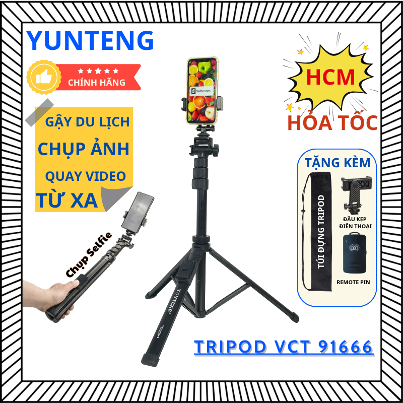 Gậy chụp ảnh điện thoại Yunteng VCT-91666 – Tripod 3 chân cao 1m6, gấp gọn 43cm, kèm remote Bluetooth chụp từ xa