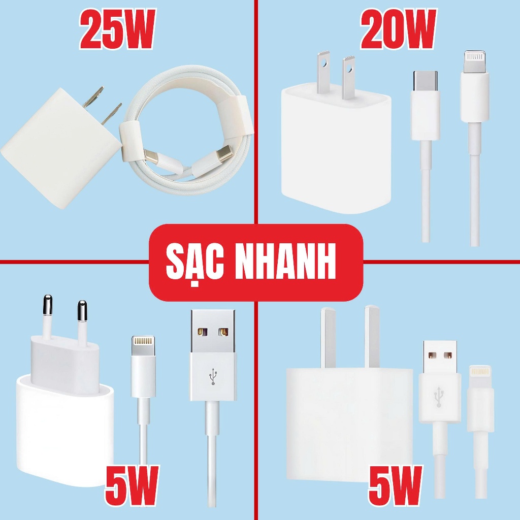Bộ Sạc Nhanh iP Đầy Đủ Các Loại 5W | 25W | 30W từ 6/thường đến 15/Pro/Max Bền Bỉ BH 06 Tháng