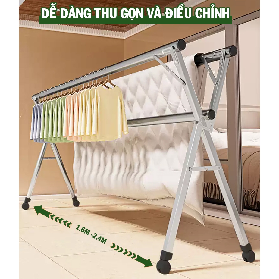 Sào phơi đồ kệ quần áo trong nhà có bánh xe di chuyển tiện lợi