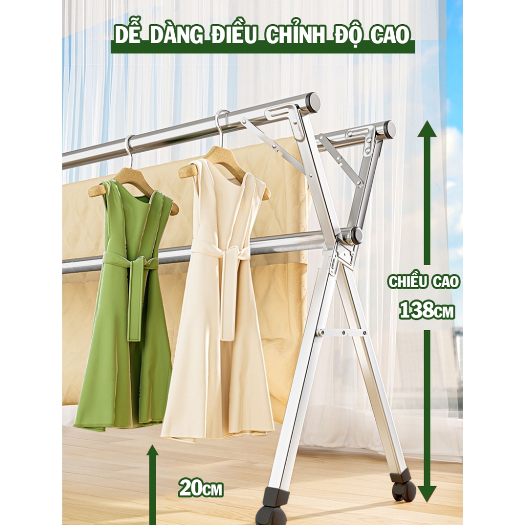Sào phơi đồ kệ quần áo trong nhà có bánh xe di chuyển tiện lợi