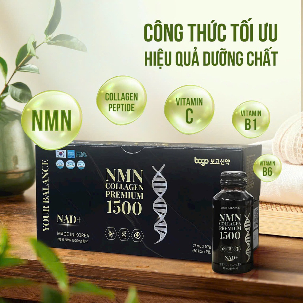 Nước uống NMN COLLAGEN PREMIUM 1500 Hàn Quốc hộp 10 lọ
