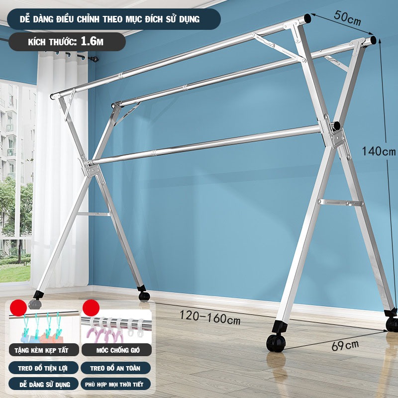 Giá treo quần áo Xào phơi đồ trong nhà thép không gỉ có bánh xe tiện lợi