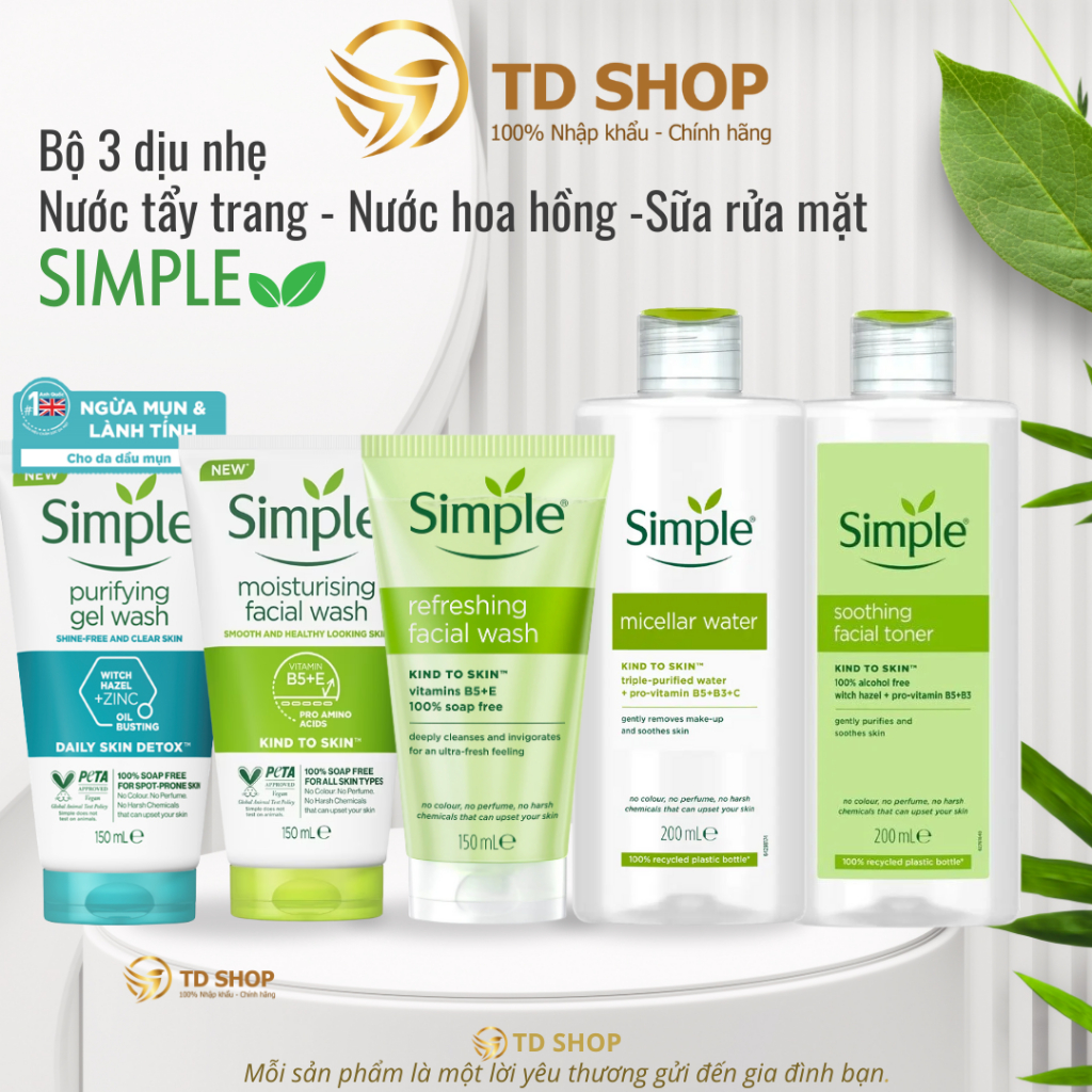 [Nk BaLan] Sữa rửa mặt | Nước tẩy trang | Toner SIMPLE dịu nhẹ cho da nhạy cảm - TD Shop