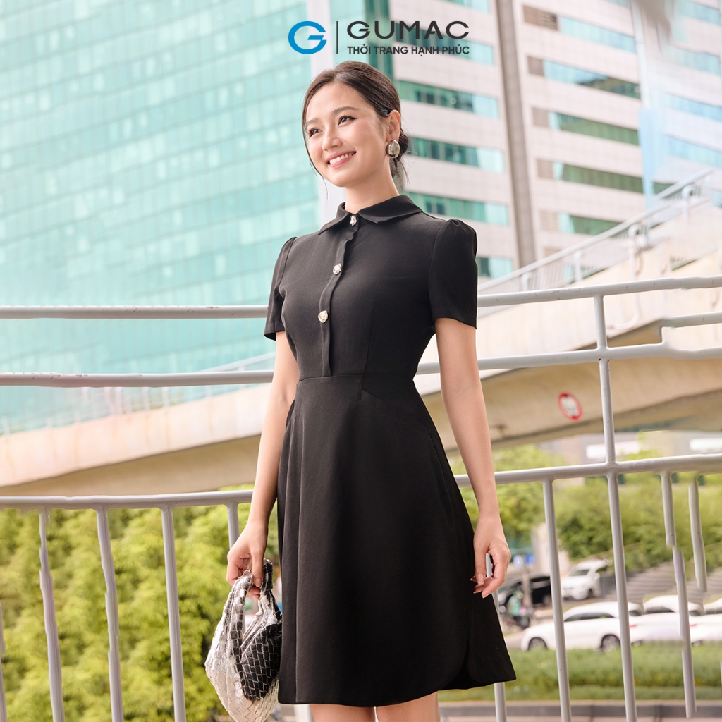 Đầm nữ GUMAC form A xòe kiểu đính nút kim loại trang trí đầm một lớp có túi sườn  DF08038