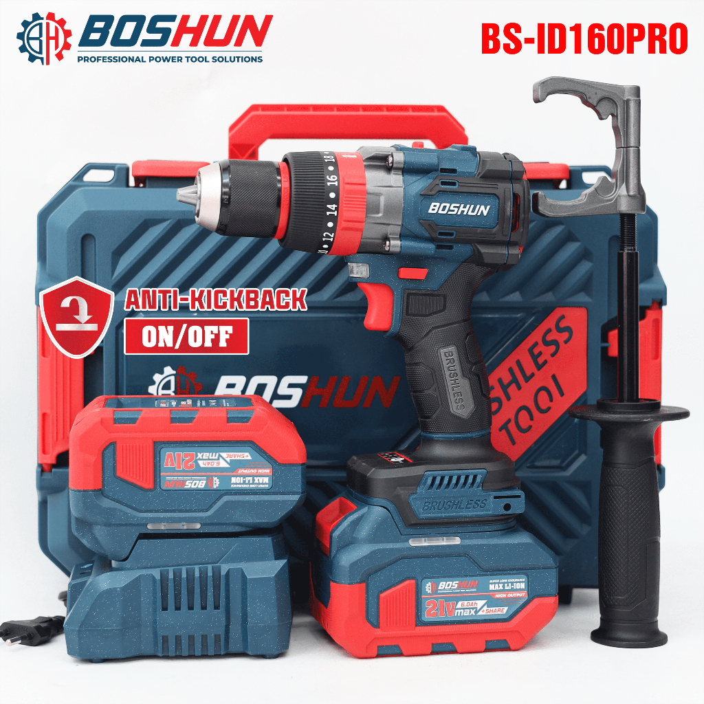 Máy Khoan BOSHUN BS-ID160PRO 3 Chức Năng 21V – Đầu 2in1, Lực Siết 160Nm, Không Chổi Than