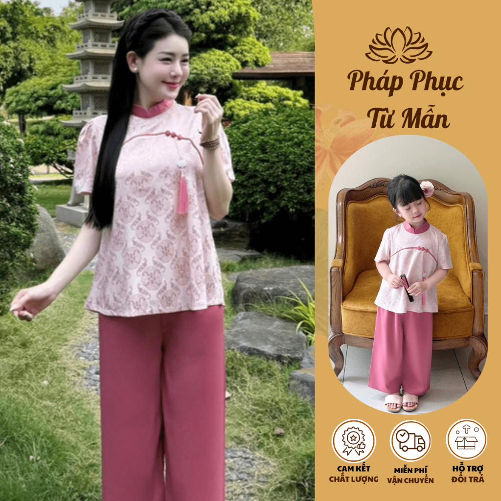 Set mẹ và bé đi chùa cổ tàu gấm vân thọ đính charm Bộ đi chùa cho mẹ bé gái cộc tay gấm mềm mát dễ thương