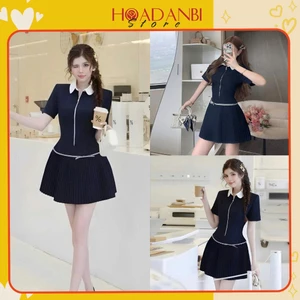 Váy Xanh Than Chất Tuyết Mưa Phối Cổ Sơmi Khoá Xếp Ly Đính Nơ Eo Hàng 2 Lớp Hoadanbistore