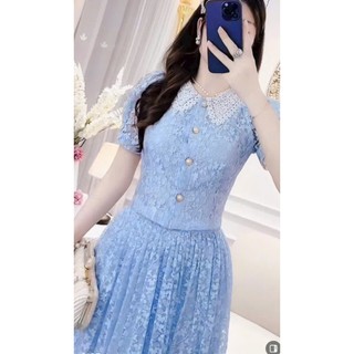 Set váy thời trang nữ chất ren hoa cao cấp áo tay ngắn cổ sơmi phối chân váy maxi dáng xòe thích hợp mặc đi chơi đi làm