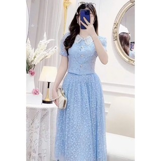 Set váy thời trang nữ chất ren hoa cao cấp áo tay ngắn cổ sơmi phối chân váy maxi dáng xòe thích hợp mặc đi chơi đi làm