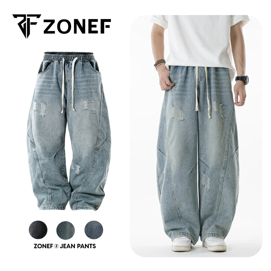 Quần Jean Ống Cong Form Rộng Retro Cạp Chun Dây Rút By ZONEF STUDIO, Jean Wash Ống Rộng Unisex Phong Cách Streetwear