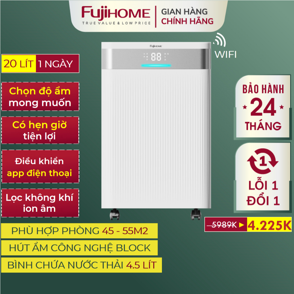 Máy hút ẩm kết nối Wifi Nhập Khẩu FUJIHOME DH20NW, Thiết bị hút ẩm phù hợp mọi không gian có kèm lọc không khí