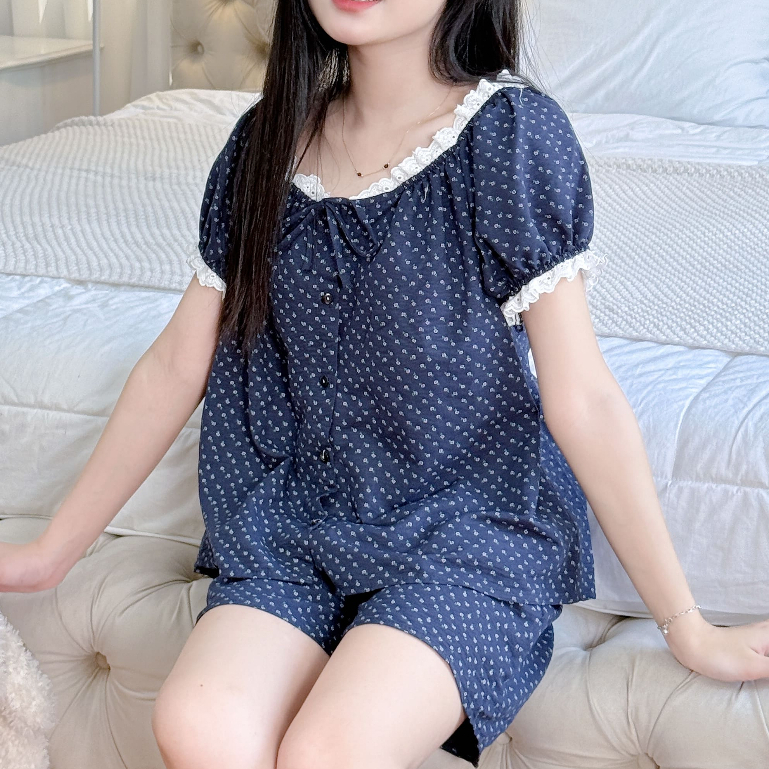 Đồ Bộ Nữ Mặc Nhà Mùa Hè Cổ Tim Phối Ren Tay Ngắn Quần Đùi Bigsize Chất Đũi Nhẹ Mềm Mát - PONA