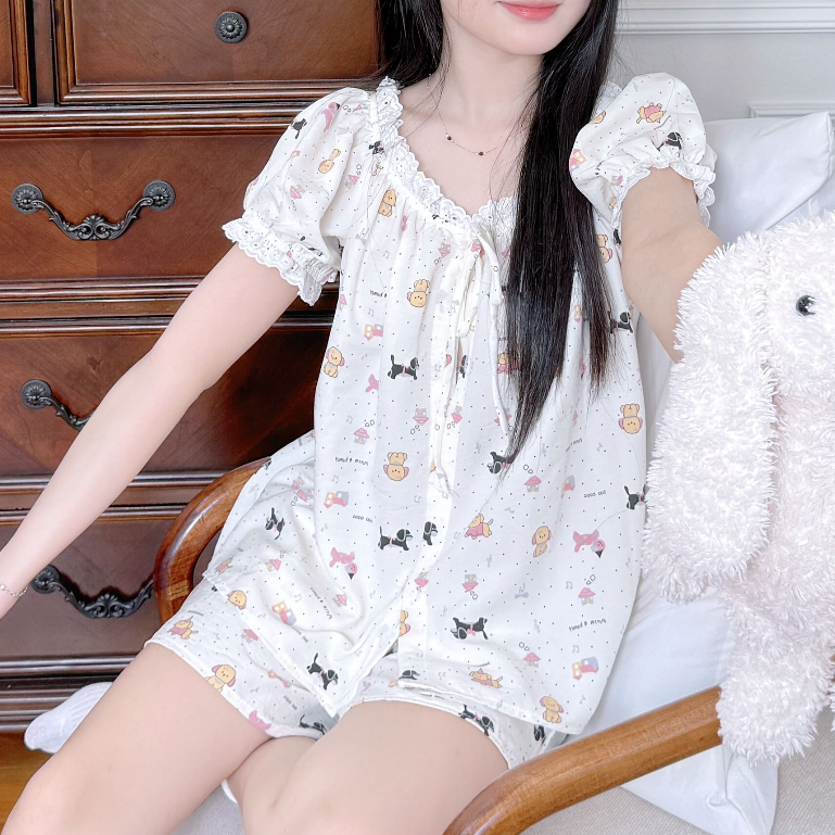 Đồ Bộ Nữ Mặc Nhà Mùa Hè Cổ Tim Phối Ren Tay Ngắn Quần Đùi Bigsize Chất Đũi Nhẹ Mềm Mát - PONA