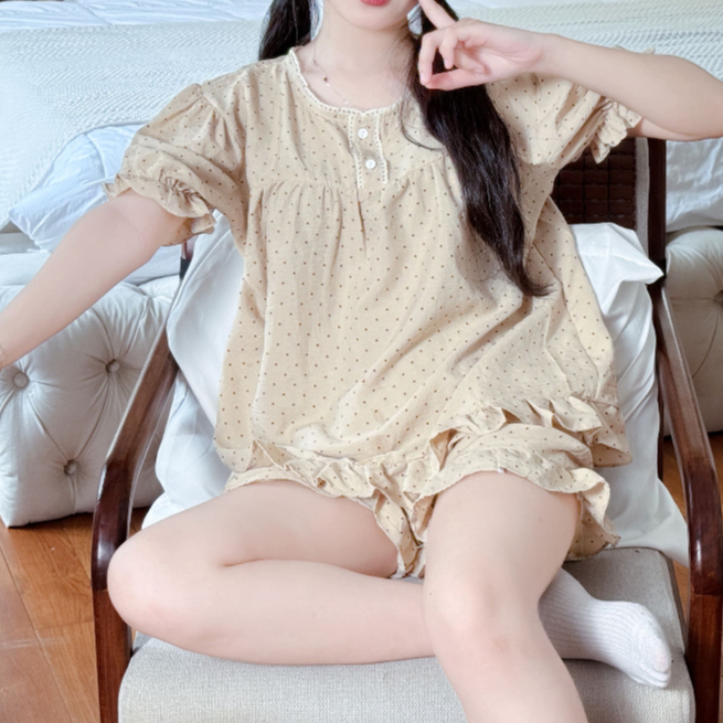 Đồ Bộ Nữ Mặc Nhà Mùa Hè Bigsize Vải Đũi Mềm Tay Ngắn Quần Đùi Cổ Trụ Viền Ren Dễ Thương - PONA