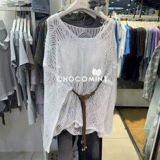 LT - Áo len lưới nữ lệch vai dài tay, kèm đai, chất len giấy mỏng mát mặc hè thu fom dài 1174