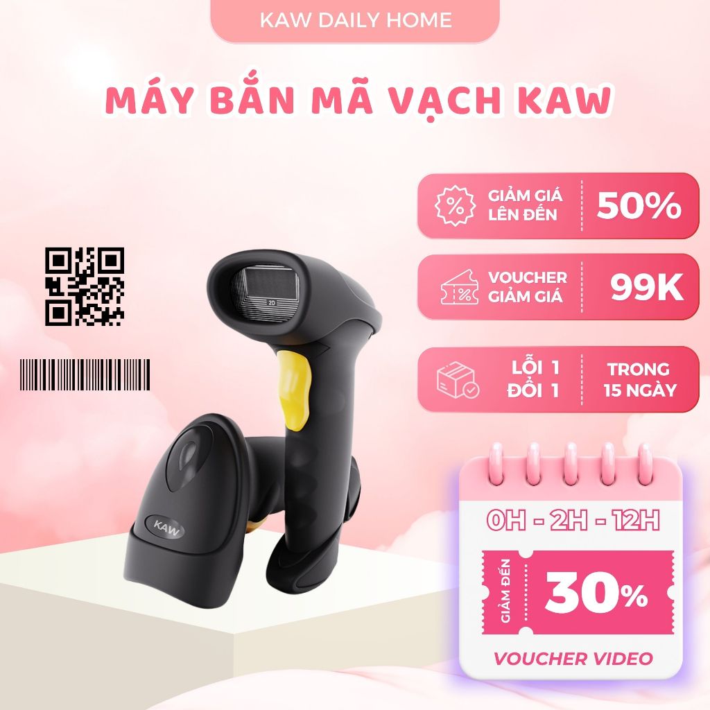 Máy bắn mã vạch Kaw 2D Hàng Chính Hãng, Không Dây, Bluetooth 5.0, Quét Mã Vạch Đa Tia Mã 1D, Mã QR - Bảo hành 12 tháng