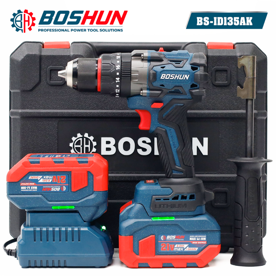 Máy Khoan Boshun BS-ID135AK 13mm, Không Chổi Than 3 Chức Năng Khoan Đục Vít, Rút Lõi 20 Cấp Độ Trượt