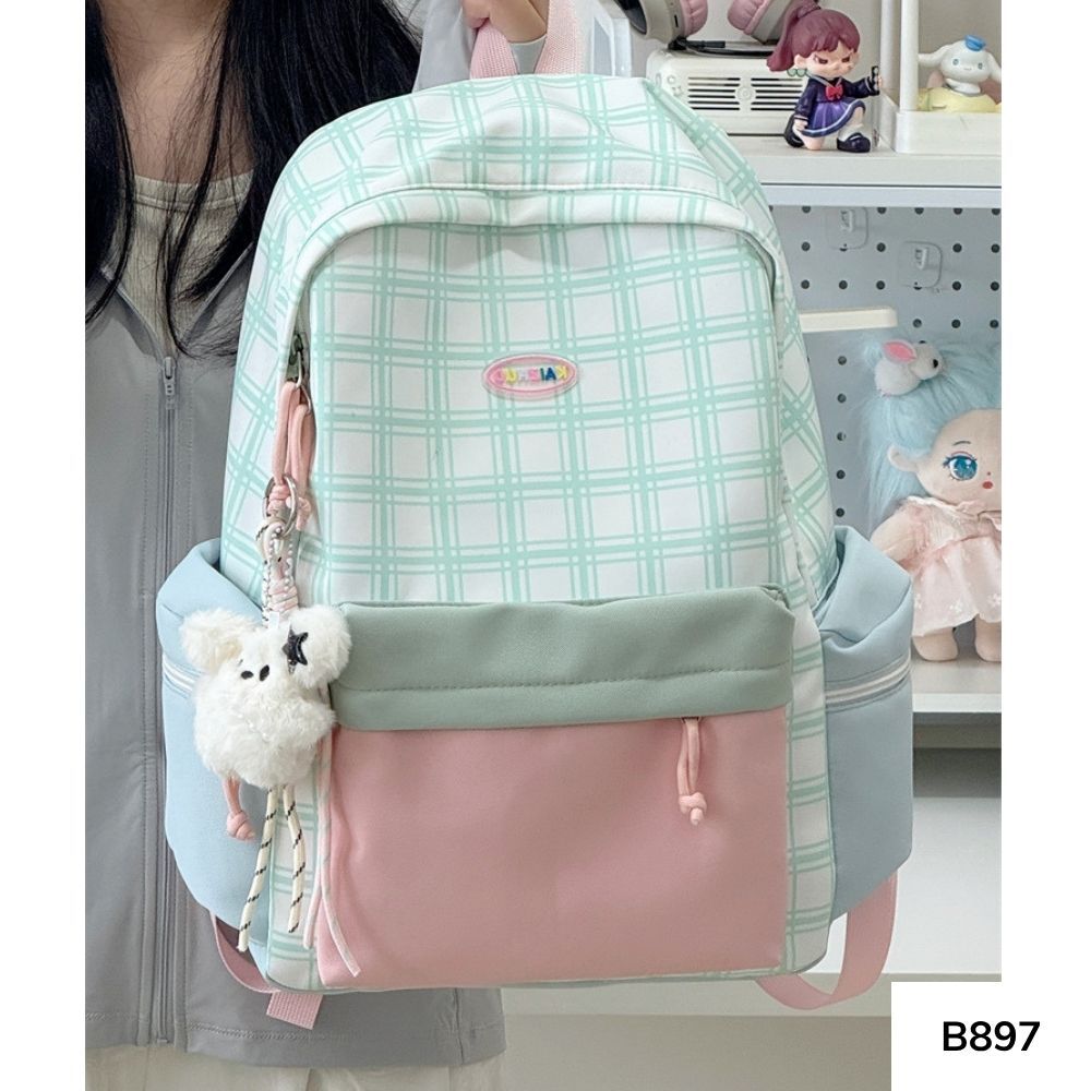 Balo đi học nữ sọc caro phối màu pastel Ulzzang dễ thương cho học sinh các cấp , sinh viên B897 gagastore