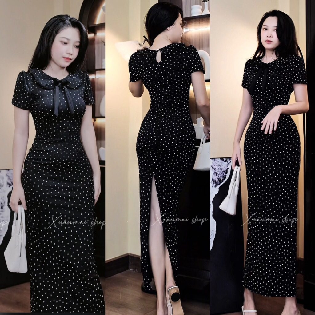 Xuanmaishop [Dài -Ngắn] Đầm TIỂU THƯ chấm bi tăm lạnh co giãn cổ sen nơ đen