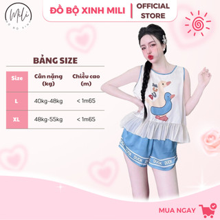 Bộ Ngủ Nữ, Đồ Bộ Mặc Nhà Lụa Latin Cao Cấp MiLi – Áo Cổ Tròn Phối Tơ, Quần Đùi Có Túi, Họa Tiết Cô Gái Xinh Xắn