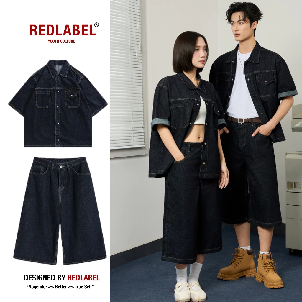 Set Quần Áo Denim REDLABEL Đồ Bộ Nam Nữ Denim Áo Quần Baggy Form Oversize