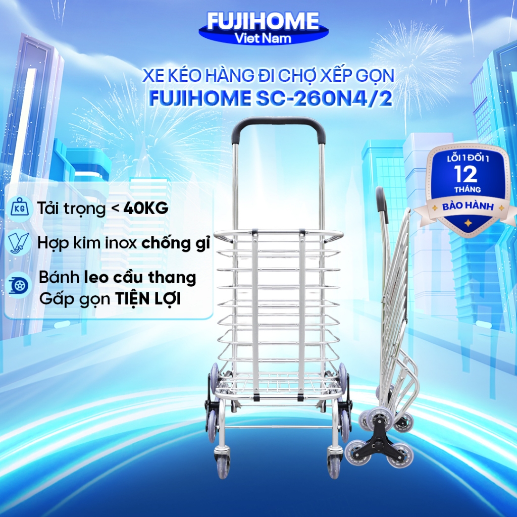 Xe kéo đi chợ gấp gọn 8 bánh leo cầu thang Fujihome SC260NEW, xe đẩy siêu thị 6 bánh xe quay 360 độ siêu gấp gọn đa năng
