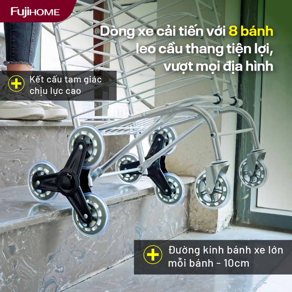 Xe kéo đi chợ gấp gọn 8 bánh leo cầu thang Fujihome SC260NEW, xe đẩy siêu thị 6 bánh xe quay 360 độ siêu gấp gọn đa năng