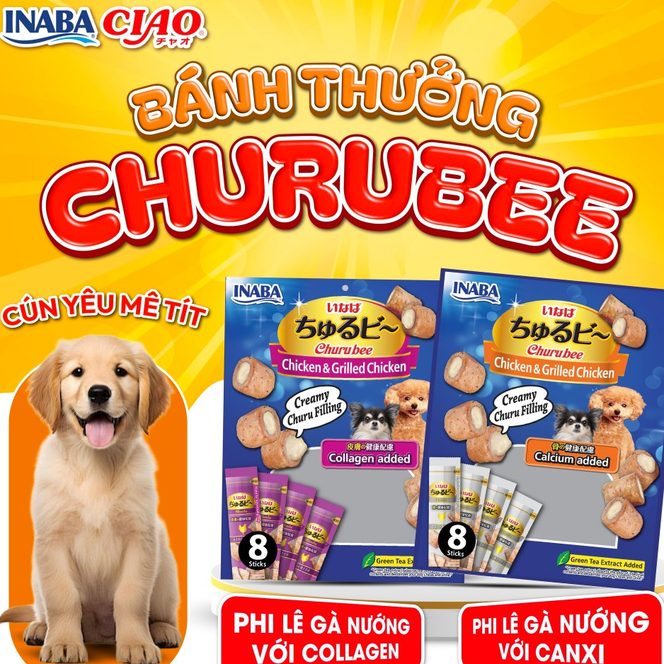 [Nhập Khẩu Thái Lan] Bánh Thưởng Cho Chó INABA CIAO Churu Bee Vị Phi Lê Gà Nướng Collagen&Canxi