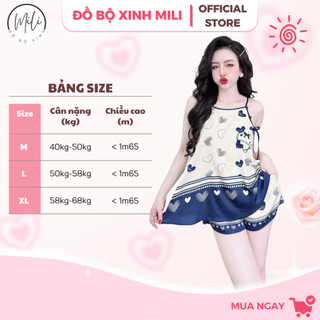 Bộ Ngủ Nữ, Đồ Bộ Mặc Nhà Lụa Latin Cao Cấp MiLi – Yếm 2 Dây Nút Bọc Sang Trọng, Quần Đùi Có Túi, Họa Tiết Xinh Xắn