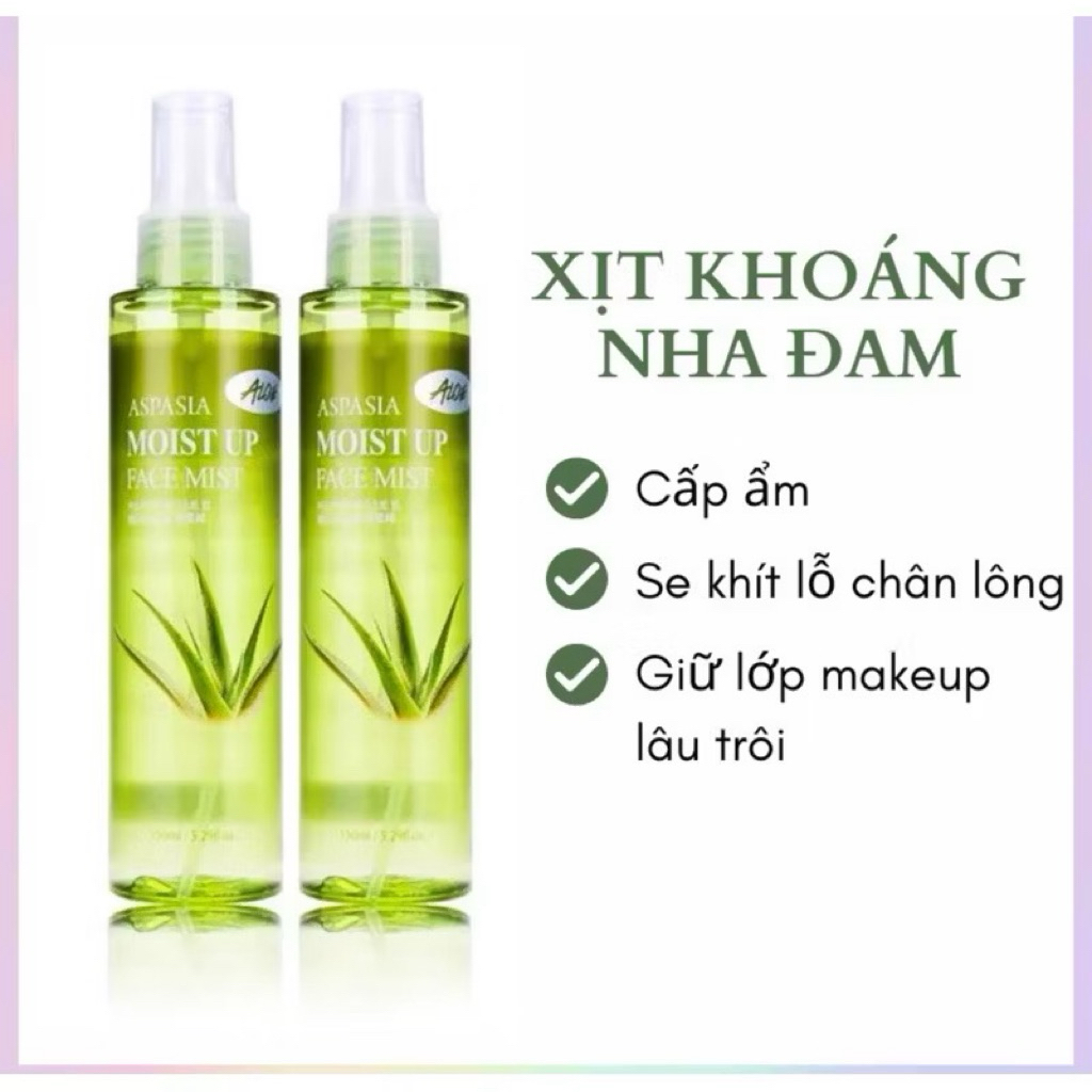Xịt Khoáng Dưỡng Ẩm ASPASIA Aloe Vera | Cân Bằng Độ PH - Se Khít Lỗ Chân Lông - Làm Dịu Da150ml