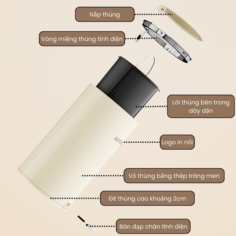 Thùng Rác Thép Cao Cấp ENODA HOME Tráng Men Sang Trọng, Thùng Đựng Rác Inox Đạp Chân Có Nắp Kèm Lõi TR040