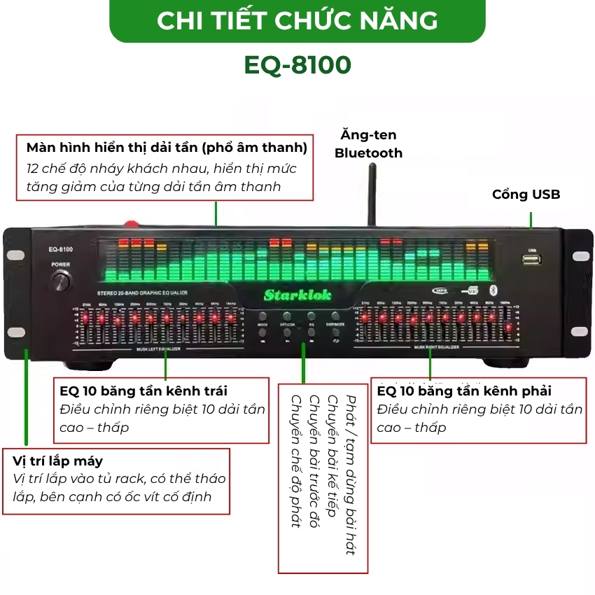 Lọc xì Equalizer Starklok EQ-8100 -Bộ cân bằng âm thanh - Lọc tiếng âm thanh sạch sáng, kết nối bluetooth, có cổng quang