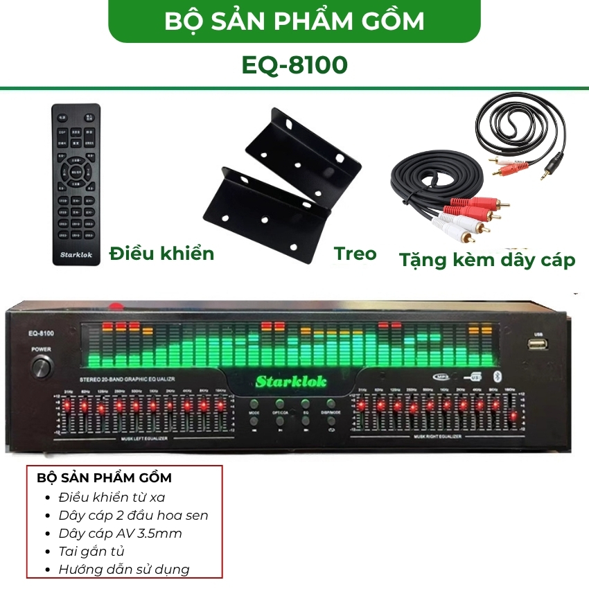 Lọc xì Equalizer Starklok EQ-8100 -Bộ cân bằng âm thanh - Lọc tiếng âm thanh sạch sáng, kết nối bluetooth, có cổng quang