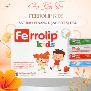 Ferrolip Kids sắt bao vi nang dạng bột vị dâu cho bé từ 1 tuổi Nhập khẩu chính hãng Italy hộp 20 gói