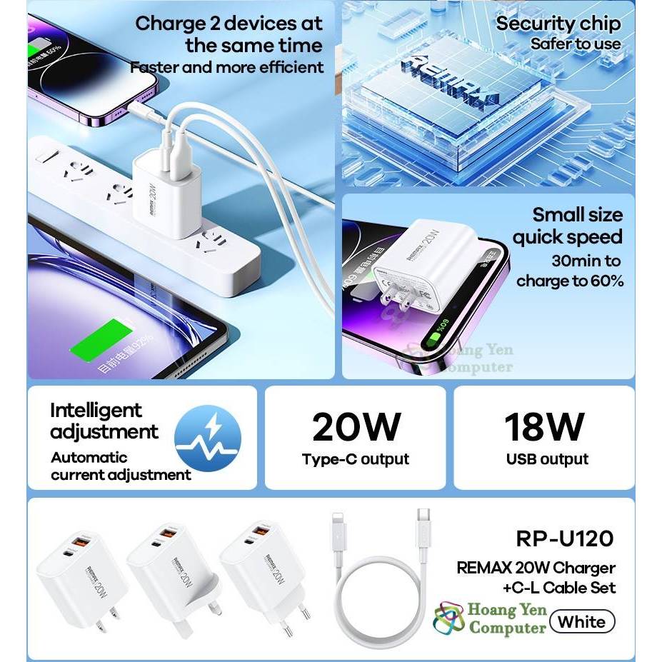 Bộ Sạc Nhanh PD 20W Remax RP-U120 Chính Hãng 2 Cổng Sạc (Cổng USB + Cổng Type C) - BH 12 Tháng - Hoàng Yến Computer