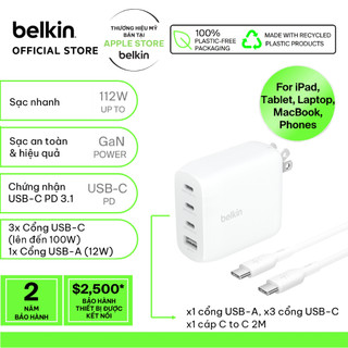 Bộ Adapter sạc nhanh Belkin 112W 4 cổng và cáp C-C 2M, 3 USB-C + 1 USB-A GaN màu trắng