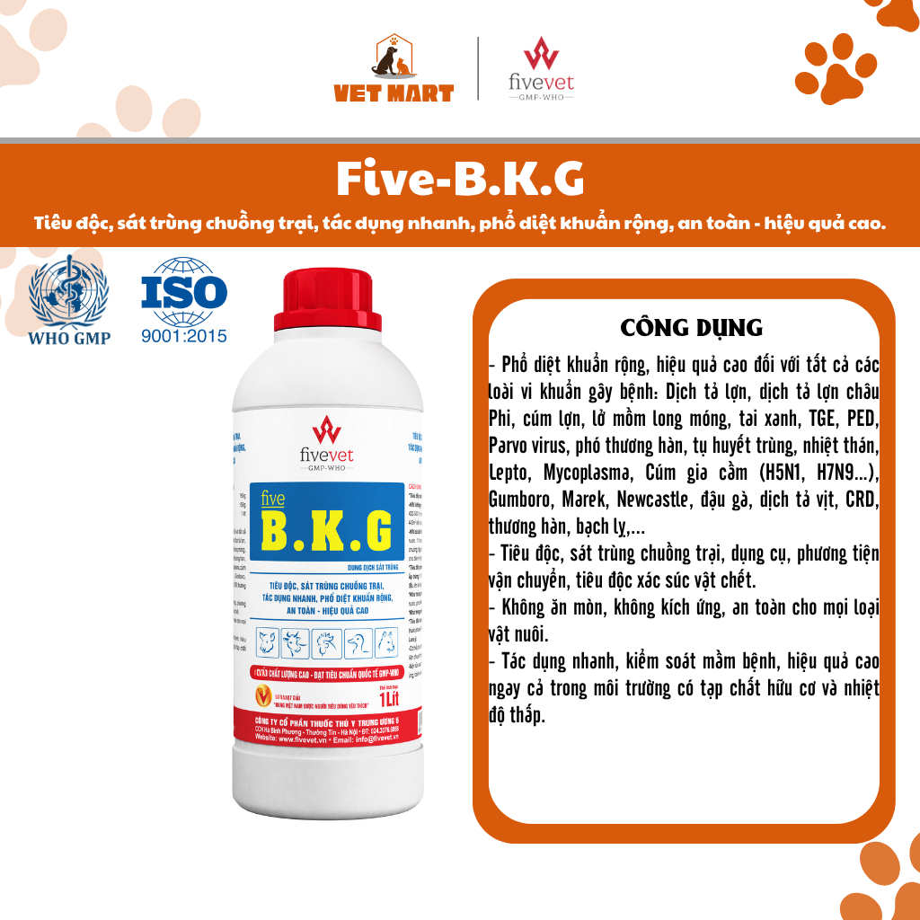 Five-B.K.G Hỗ trợ sát khuẩn, làm sạch chuồng trại Gia cầm, Gà (1 Lít)