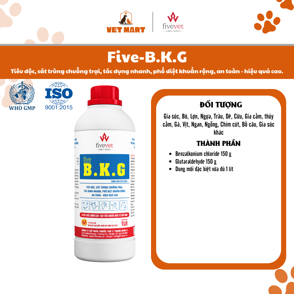 Five-B.K.G Hỗ trợ sát khuẩn, làm sạch chuồng trại Gia cầm, Gà (1 Lít)