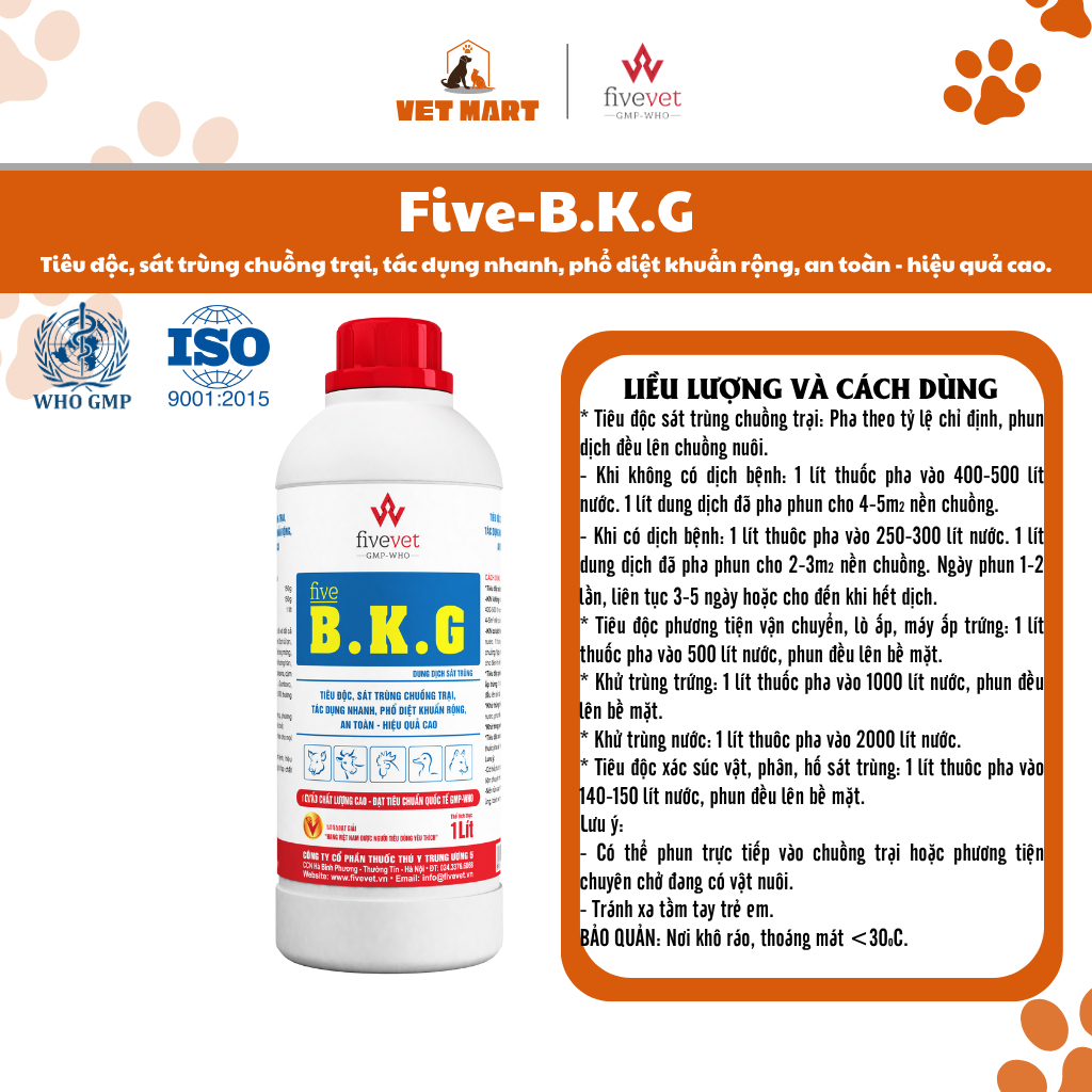 Five-B.K.G Hỗ trợ sát khuẩn, làm sạch chuồng trại Gia cầm, Gà (1 Lít)