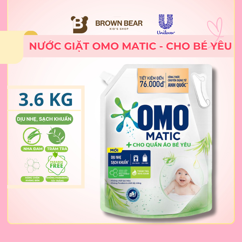 Nước Giặt OMO Matic Chiết Xuất Tràm Trà Nha Đam Dịu Nhẹ Cho Quần Áo Bé Yêu Sạch Khuẩn Túi 3.6Kg