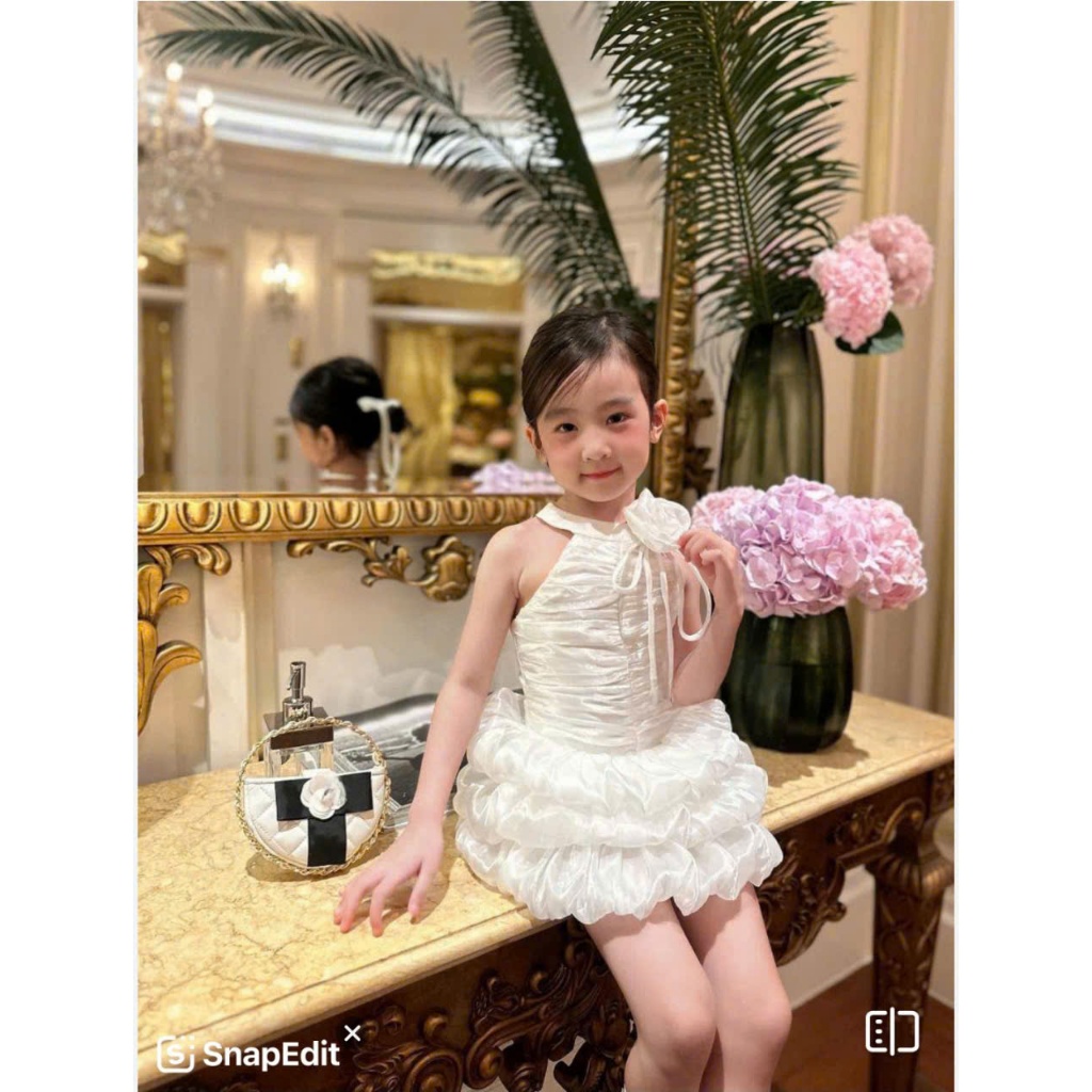 Đầm Bé Gái Công Chúa Dự Tiệc ĐẦM  Voan Trắng Bồng Bềnh Đính Nơ Cổ Yếm CHO MẸ VÀ BÉ GÁI , ĐẦM ĐÔI MẸ BÉ