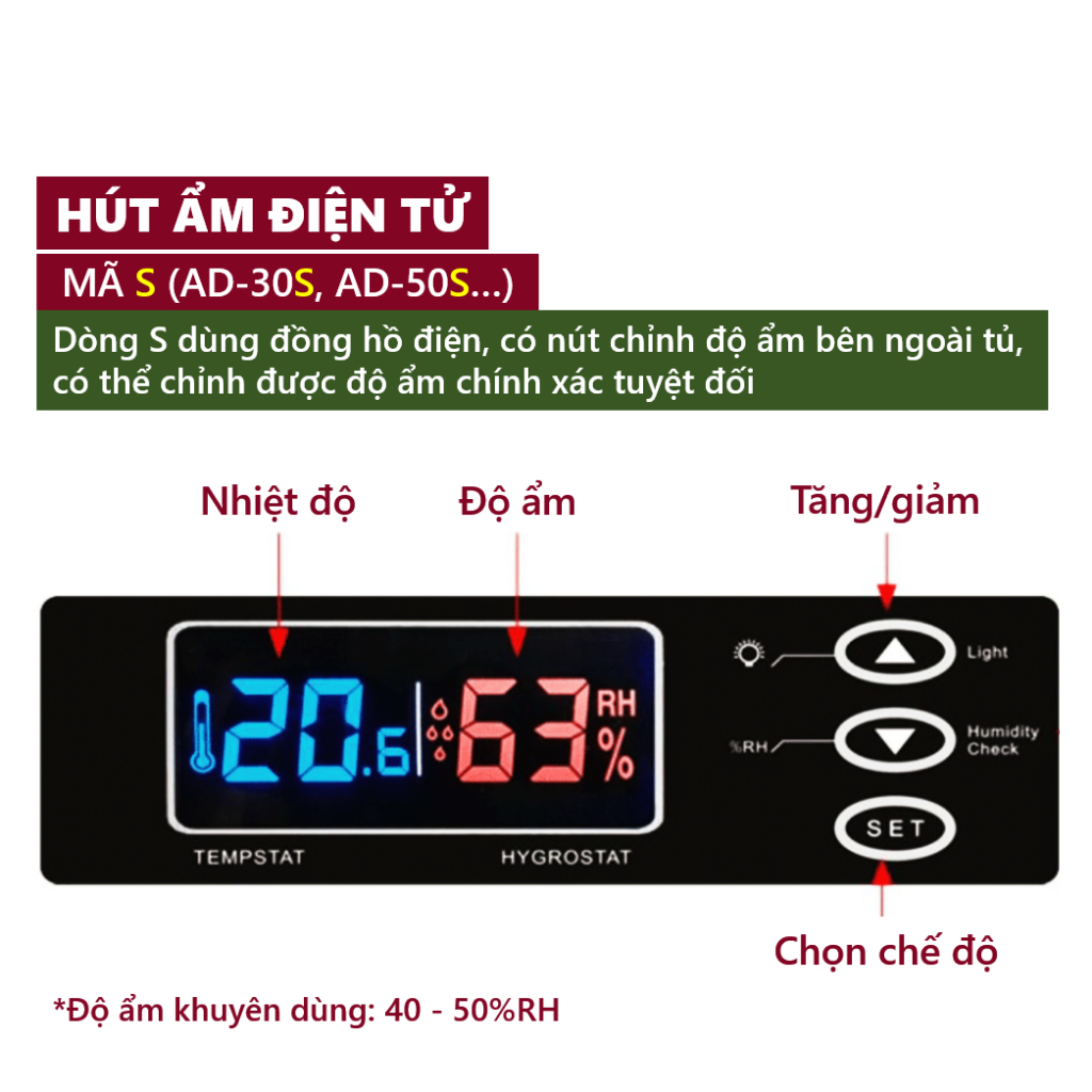 Tủ bảo quản chống ẩm máy ảnh ống kính AD-50S ANDBON, Tủ hút ẩm đồng hồ kỹ thuật số có khóa