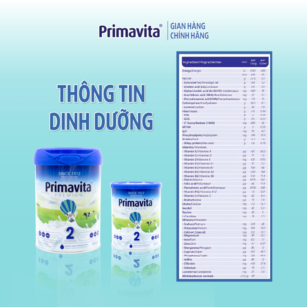Sữa bột Primavita Premium số 2 nhập khẩu nguyên lon từ Hà Lan