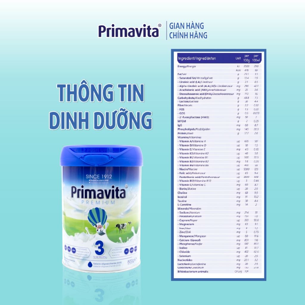 Primavita Premium số 3 cho bé từ 12 - 36 tháng tuổi trở lên tăng cường phát triển toàn diện